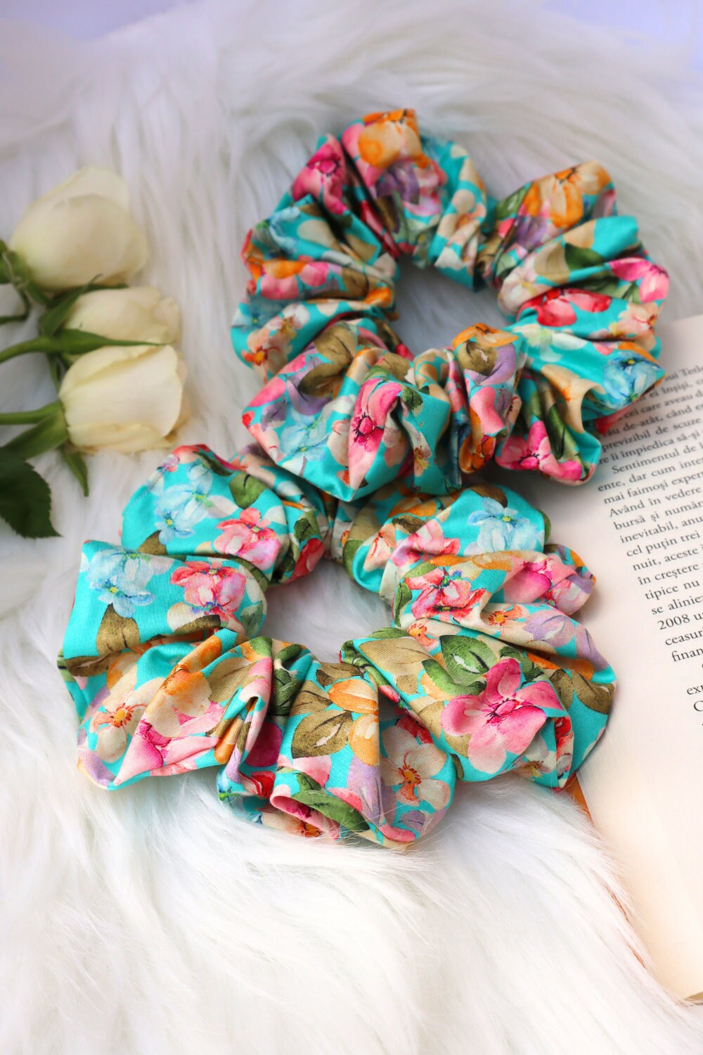 Cotton Scrunchie - Bright Floral  Turquoise