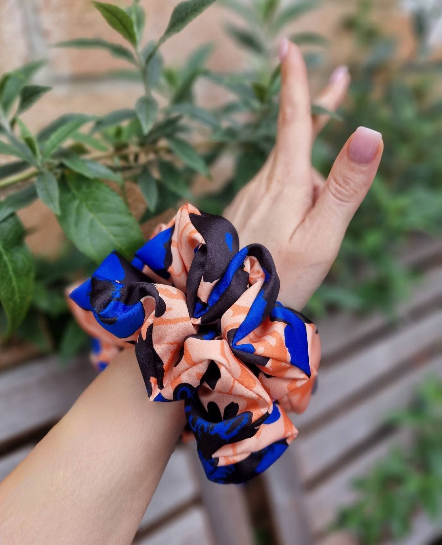 Satin scrunchie - crepe  blue , orange black flowers