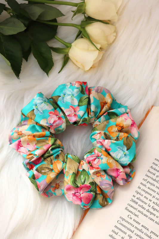 Cotton Scrunchie - Bright Floral  Turquoise