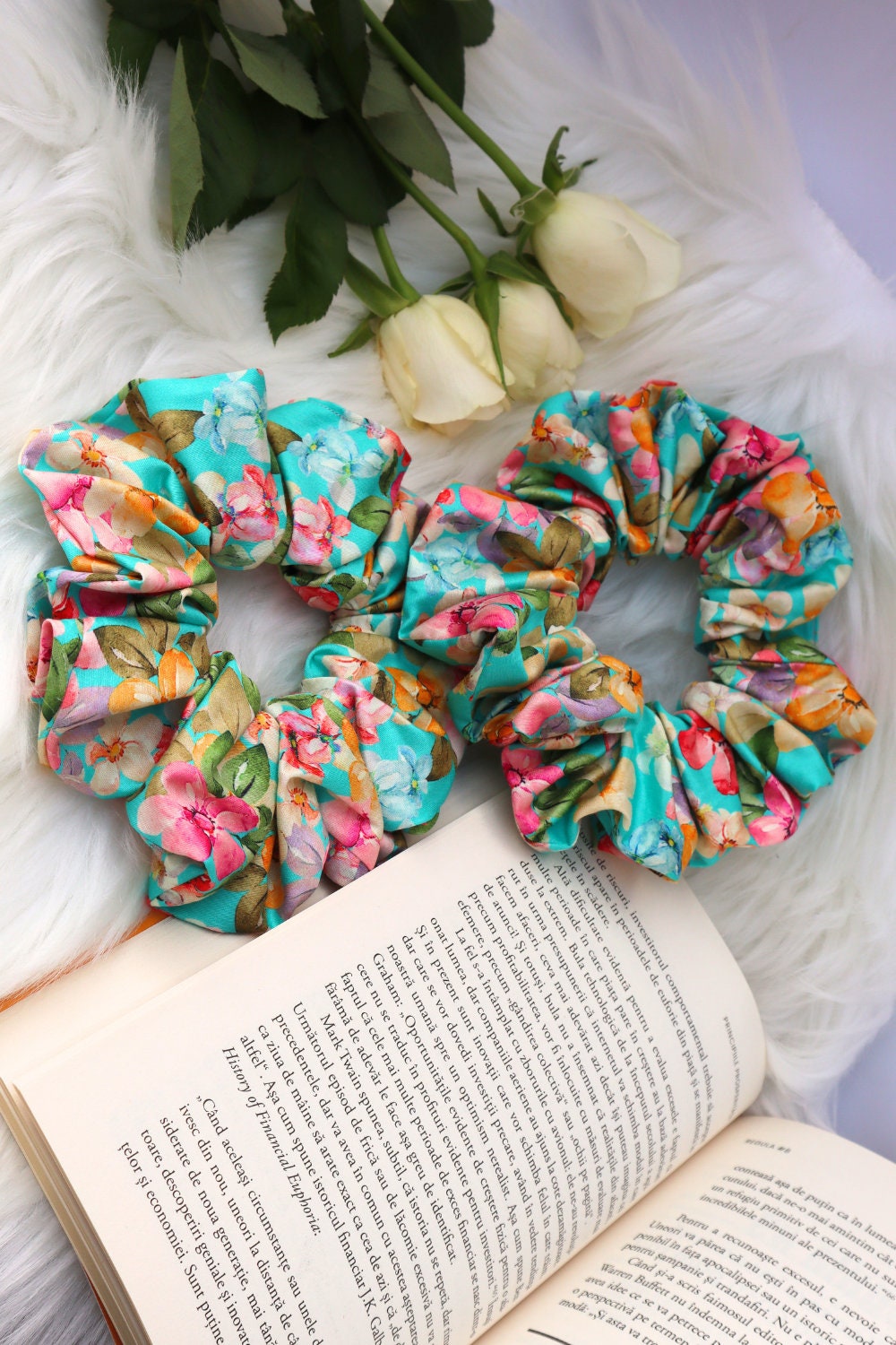 Cotton Scrunchie - Bright Floral  Turquoise