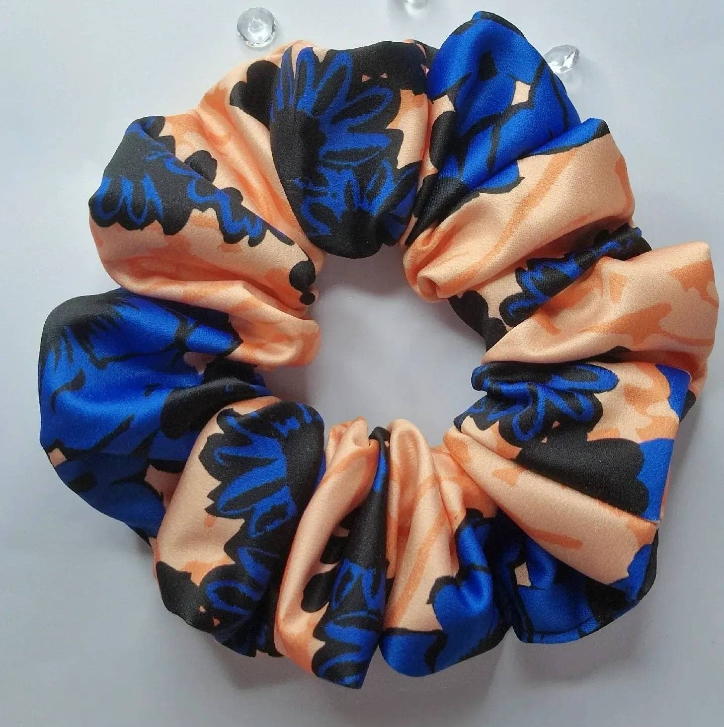 Satin scrunchie - crepe  blue , orange black flowers