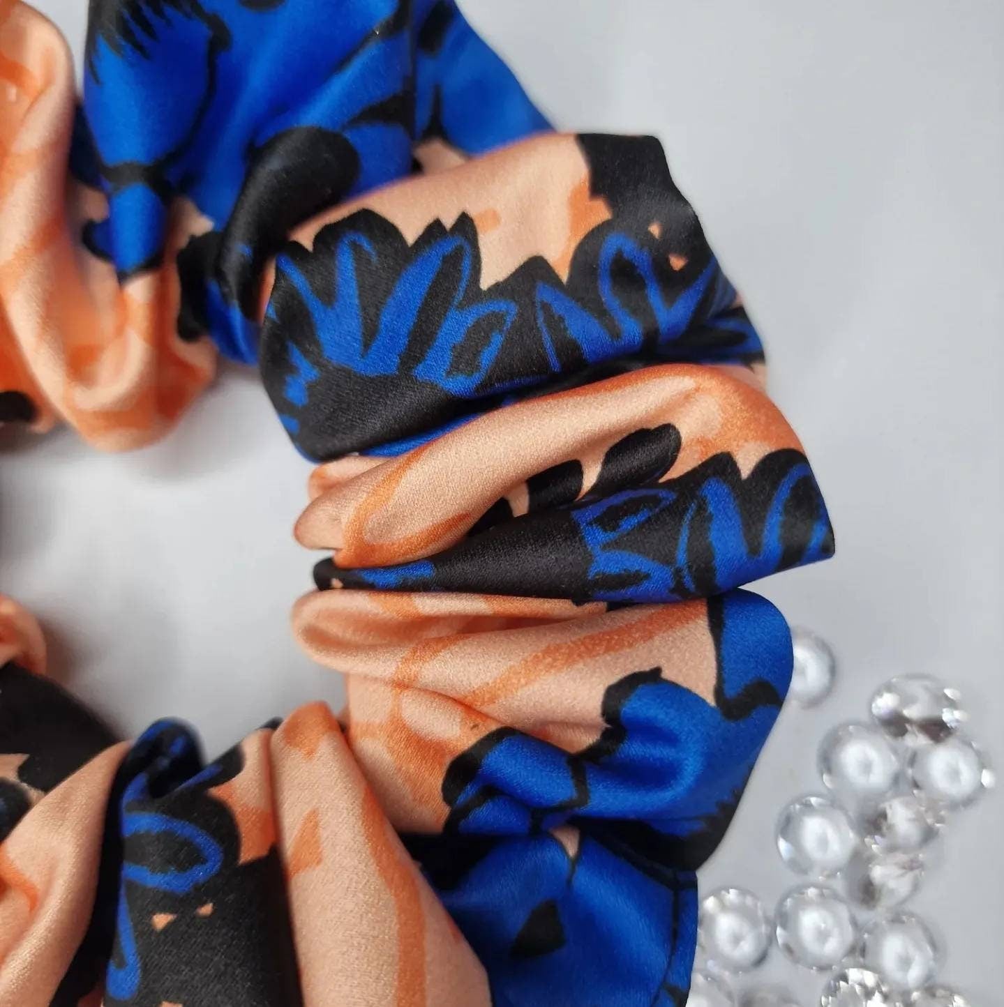 Satin scrunchie - crepe  blue , orange black flowers