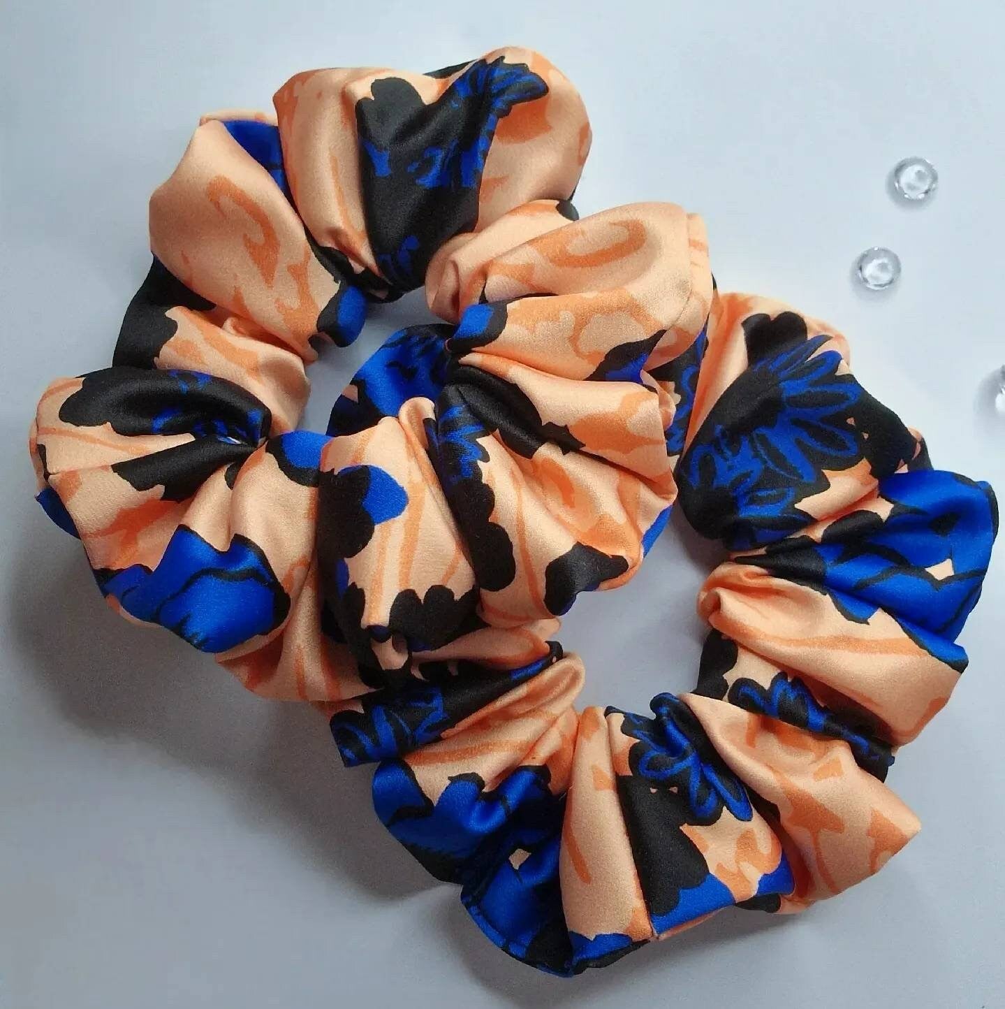 Satin scrunchie - crepe  blue , orange black flowers