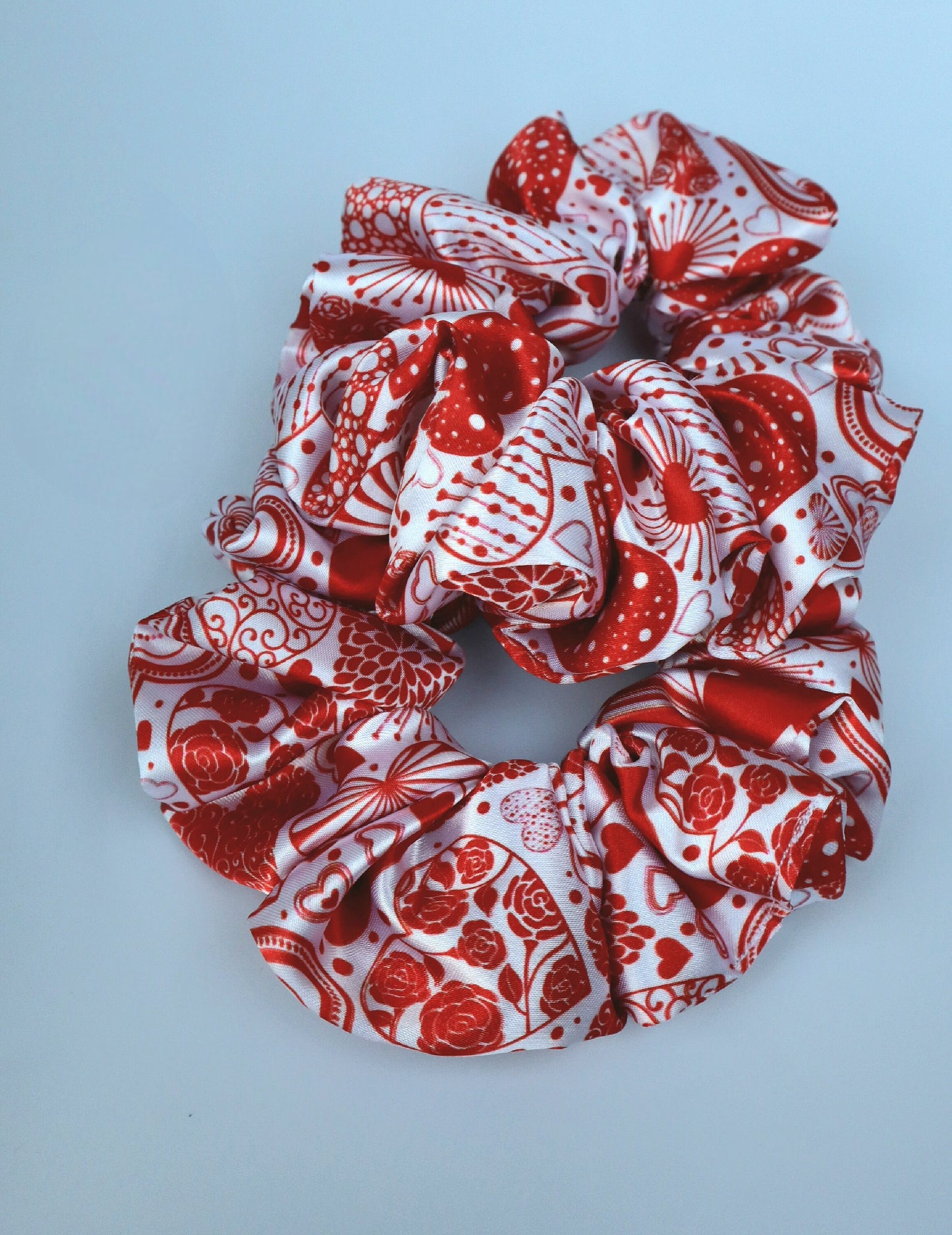 Satin Scrunchie - Love  Red Hearts