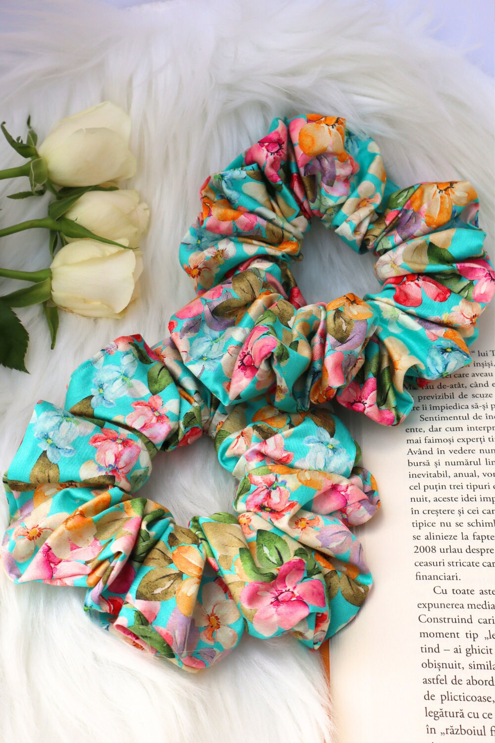 Cotton Scrunchie - Bright Floral  Turquoise
