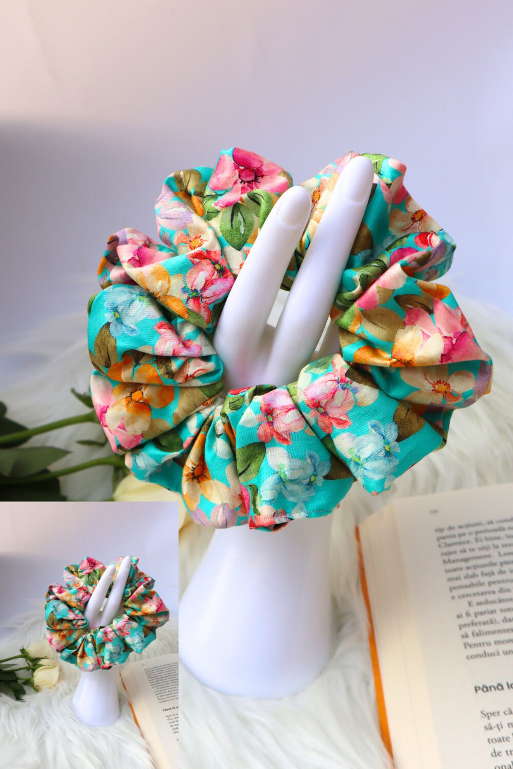 Cotton Scrunchie - Bright Floral  Turquoise