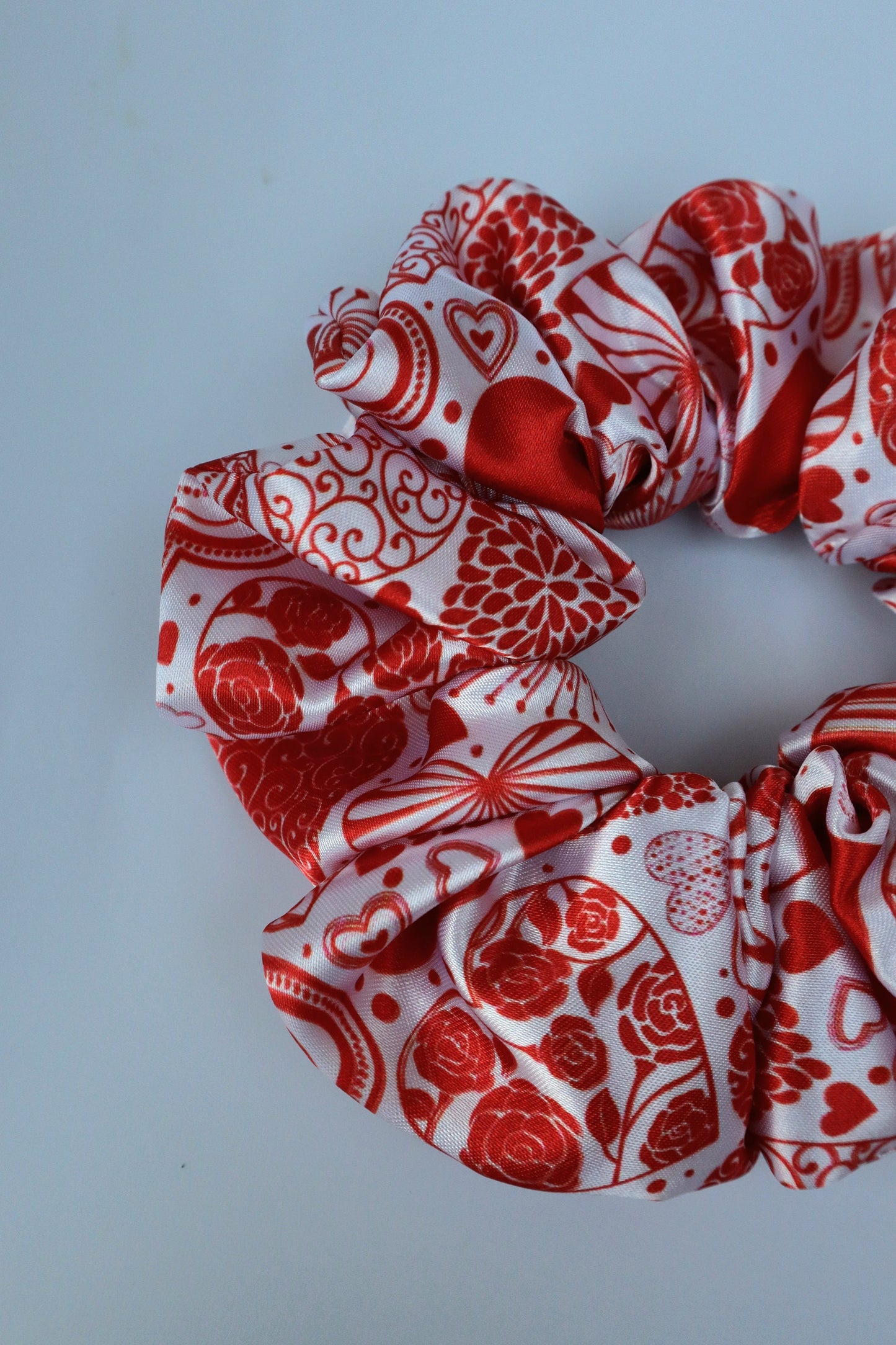 Satin Scrunchie - Love  Red Hearts
