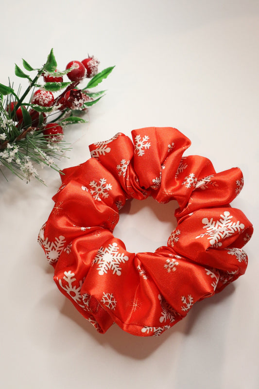 Satin scrunchie - Christmas Red and white  snowflakes