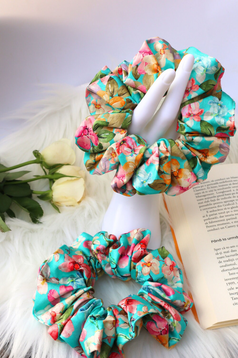 Cotton Scrunchie - Bright Floral  Turquoise