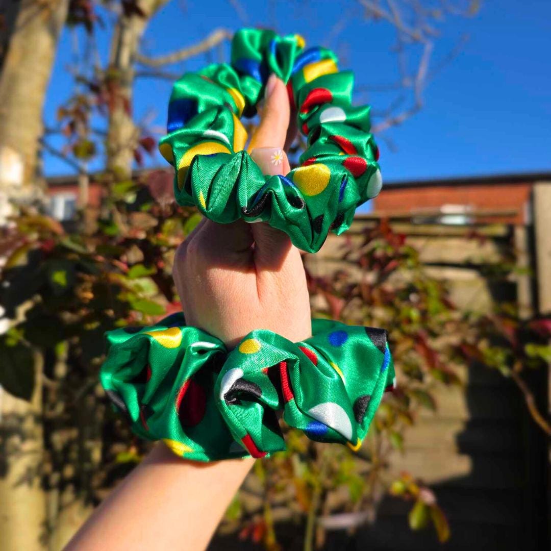 Satin Scrunchie - Green Polka Dot
