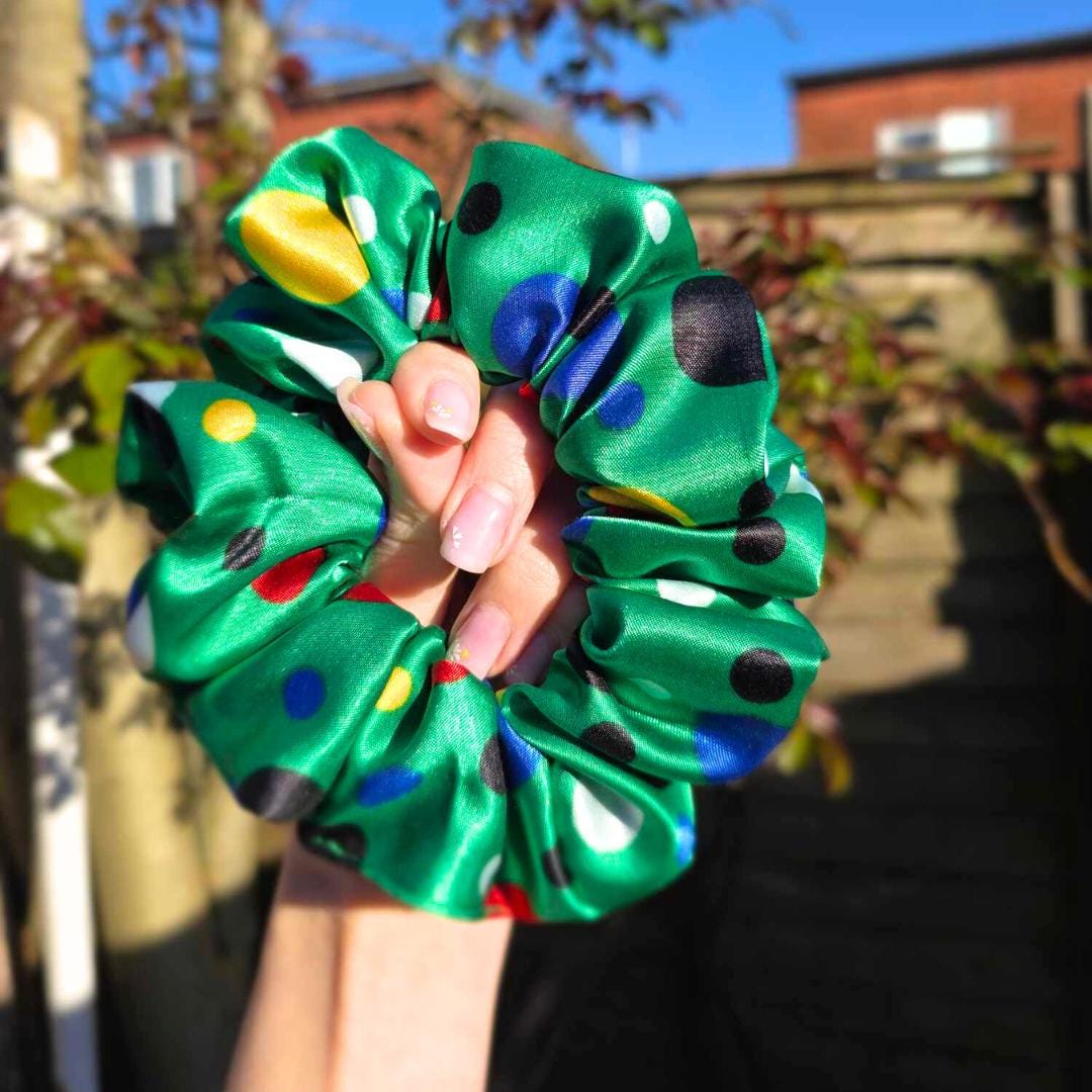 Satin Scrunchie - Green Polka Dot
