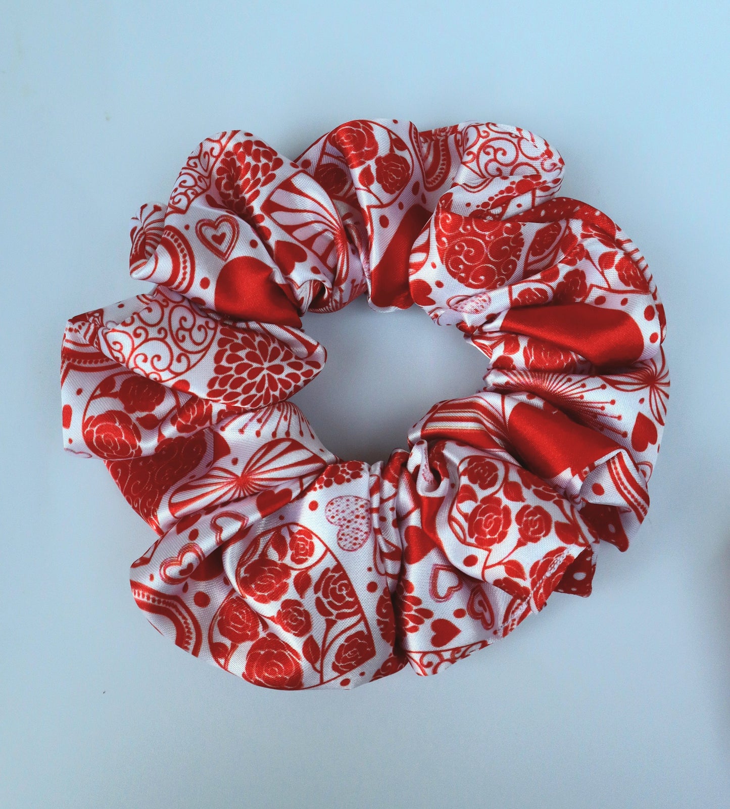 Satin Scrunchie - Love  Red Hearts