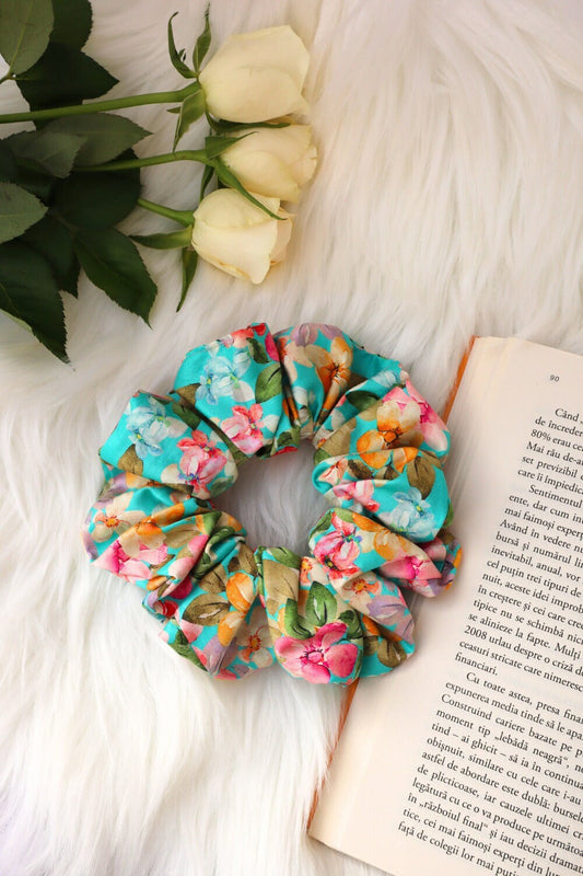 Cotton Scrunchie - Bright Floral  Turquoise