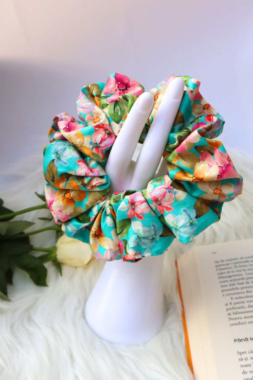 Cotton Scrunchie - Bright Floral  Turquoise