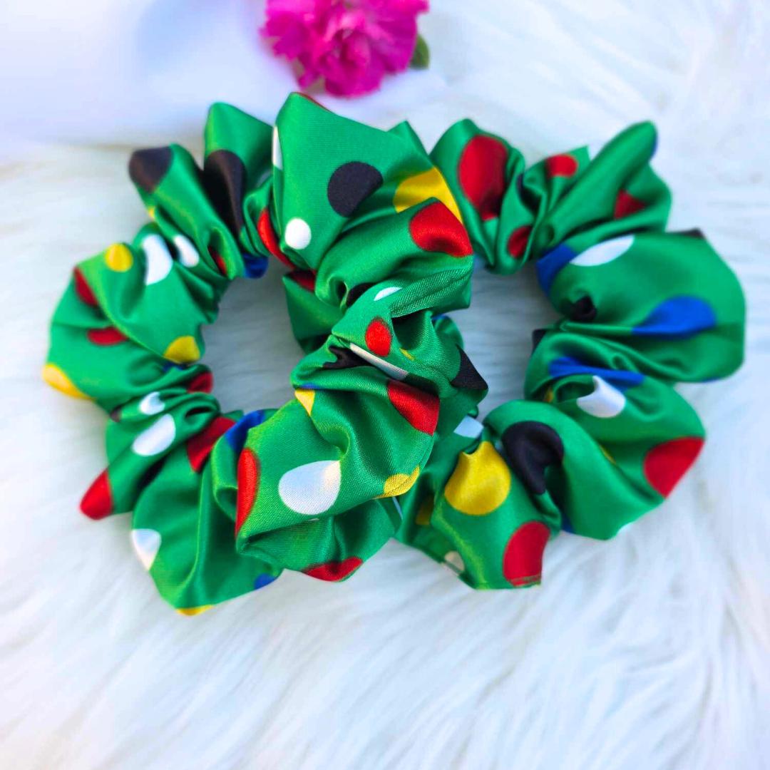 Satin Scrunchie - Green Polka Dot