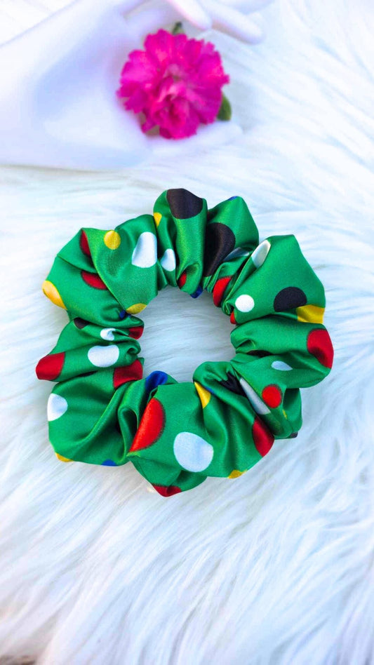 Satin Scrunchie - Green Polka Dot